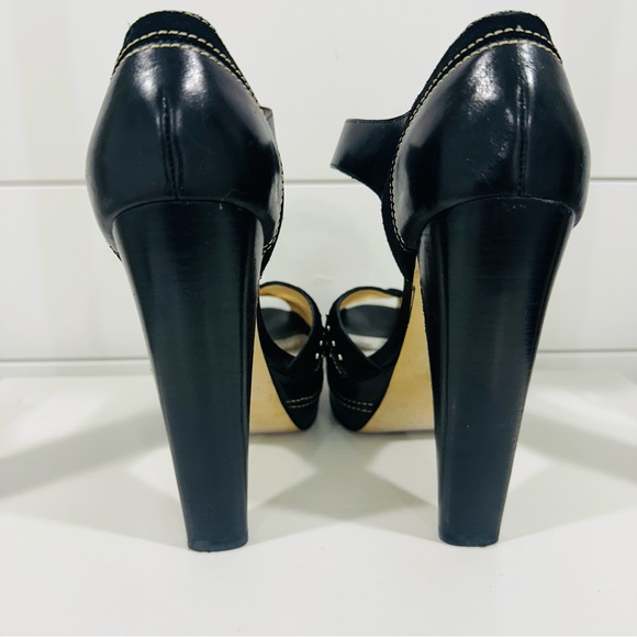 🖤✨ MICHAEL KORS BLACK SILVER STUDDED ASTOR QUARTER STRAP PLATFORM SUEDE HEEL 7.5